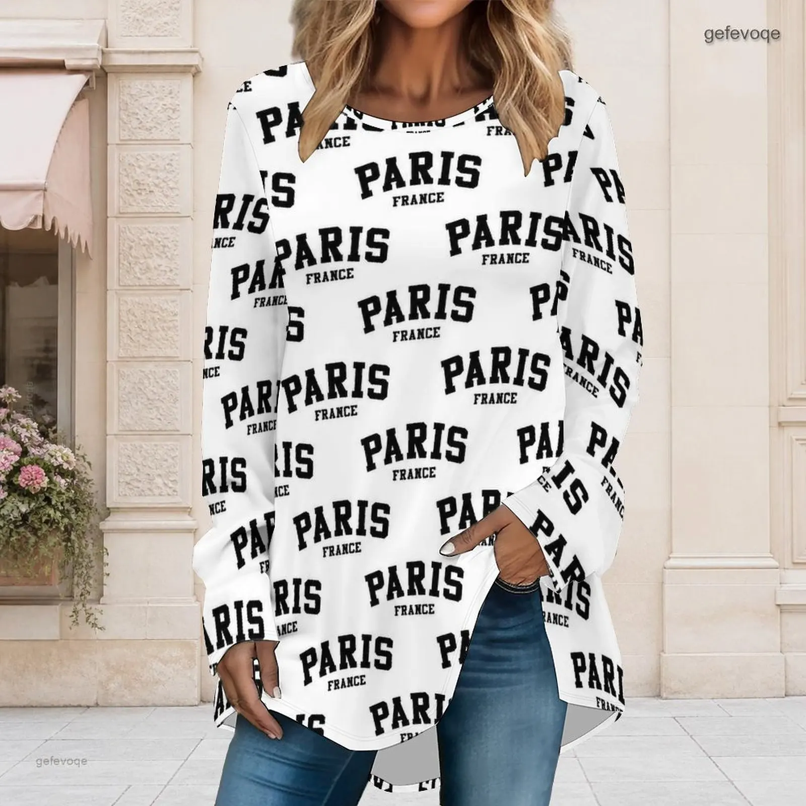 Women Allover Los Angeles California Text Printed Round Neck Long Sleeve Loose High Low Hem Top