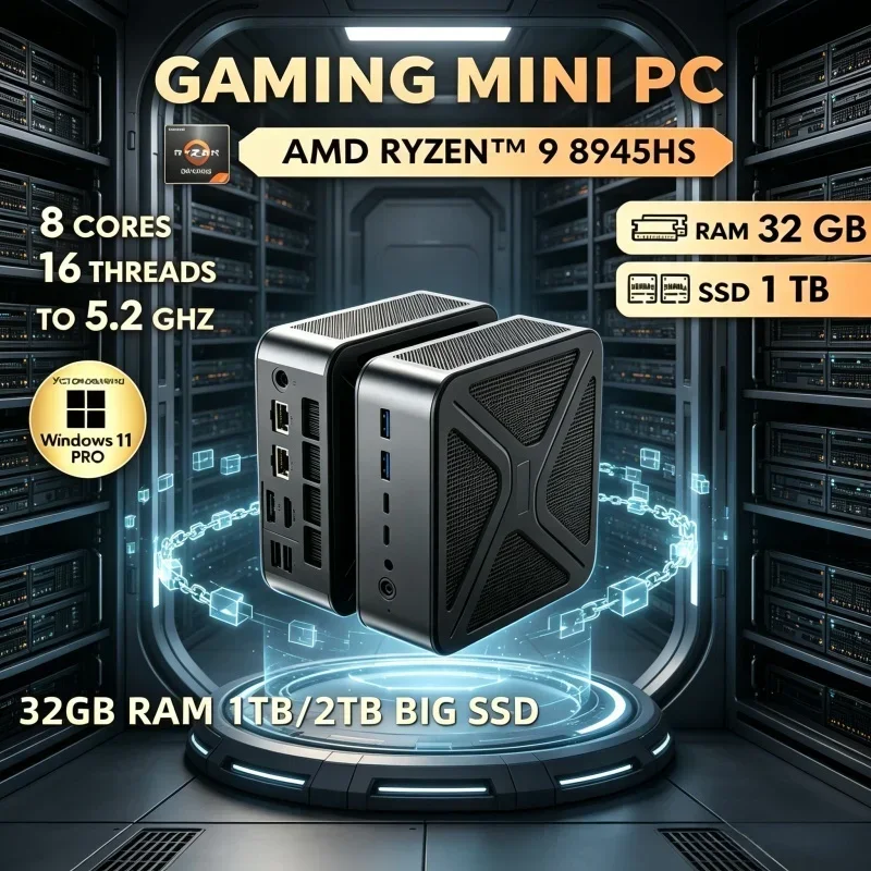 Powerful Chip GH8 Mini Desktop Ryzen9 8945HS Win11 Pro Dual DDR5 WiFi6 BT5.2 8K HDMI2.1 Dual NVMe M.2