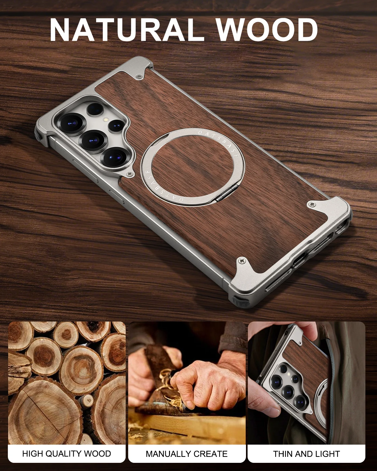 Eary Solid Wood Phone Case for Samsung Galaxy S25 S24 Ultra Magnetic With 360° Rotation Stand Magsafe Frameless Protector Shell