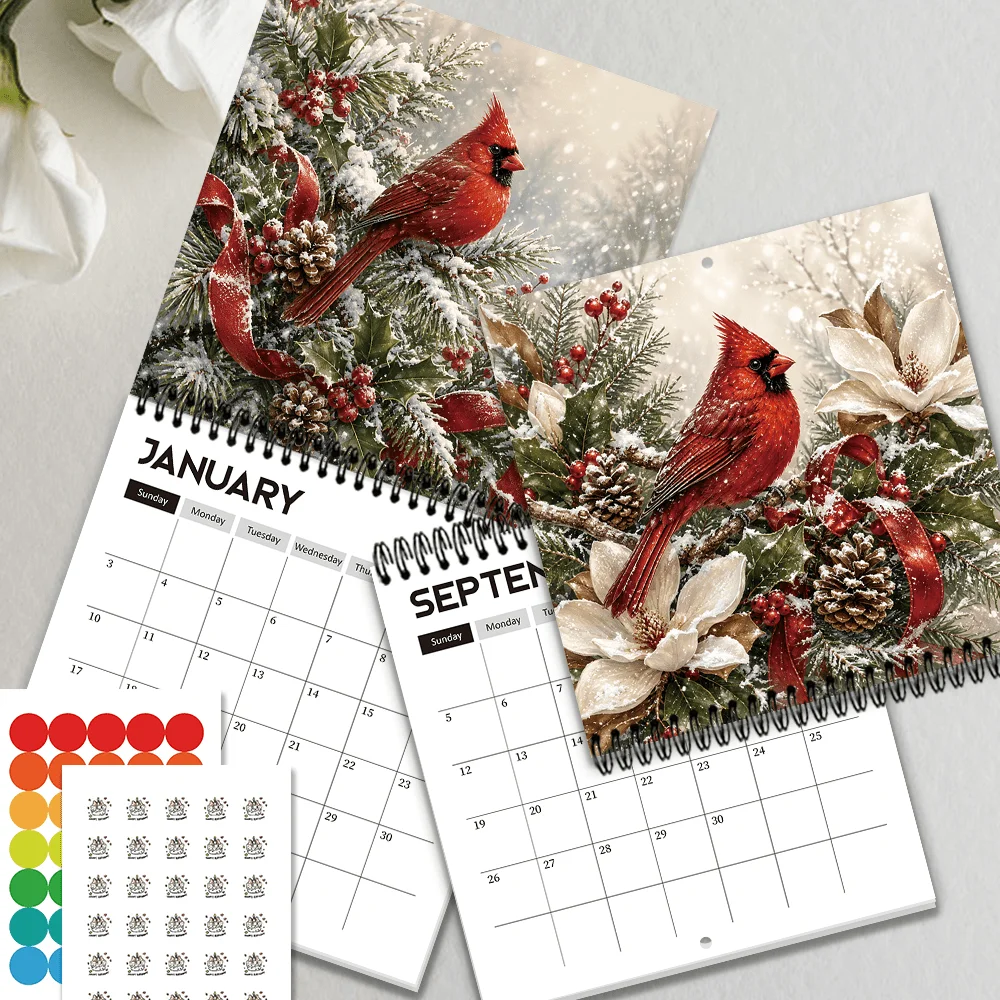 1pc 2027 Winter Cardinal Wall Calendar,12‑Month Planner,Gift For Back‑to‑School,Christmas,New Year,Free Stickers Included