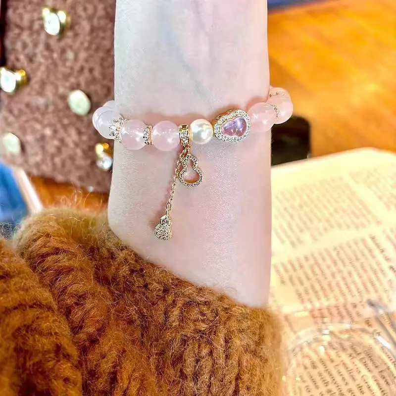Natural Pink Crystal Bracelet Girl's Light Luxury Niche High-end Sense Jewelry Luck Gourd HandString Best Friend's Birthday Gift