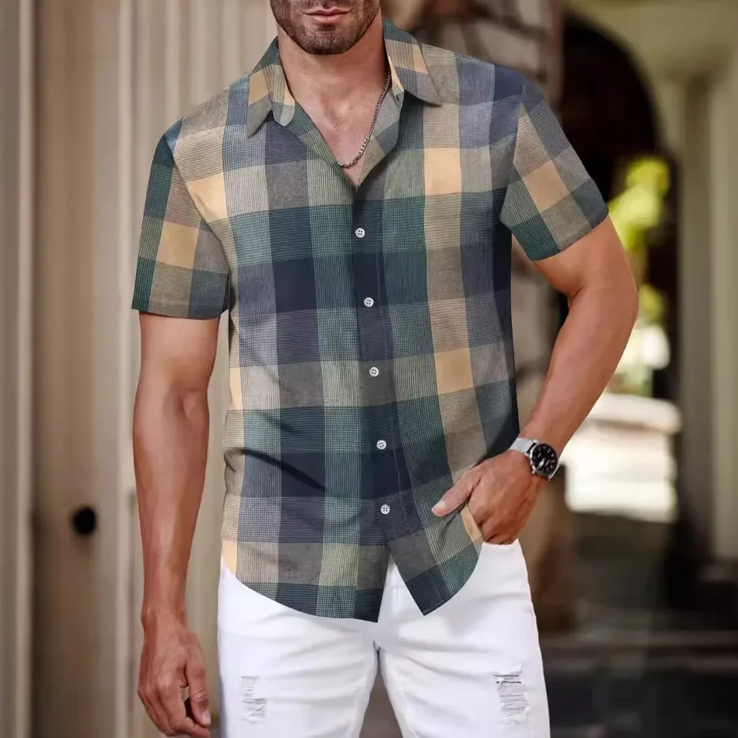 

2024 summer new plaid shirt men's short sleeve fashion youth casual men's short sleeve shirt