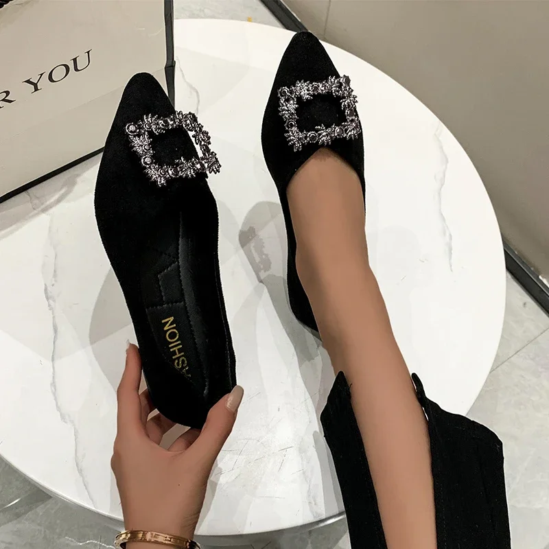 Summer Shoes Ladies Shallow Mouth Low Heels Buckle 2024 Fashion Women's Female Footwear Crystal Pointed Toe Modis Dress