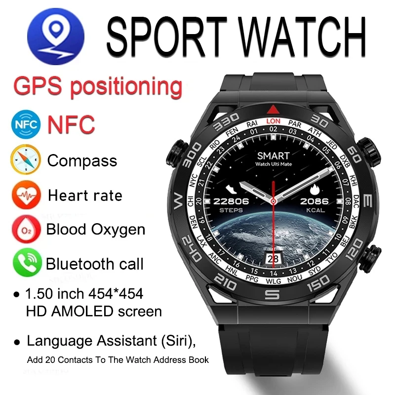 

NEW NFC AMOLED Smart Watch Men Custom Dial Answer Call Sport GPS Track Compass IP68 Waterproof Smartwatch For Huawei Ultimate