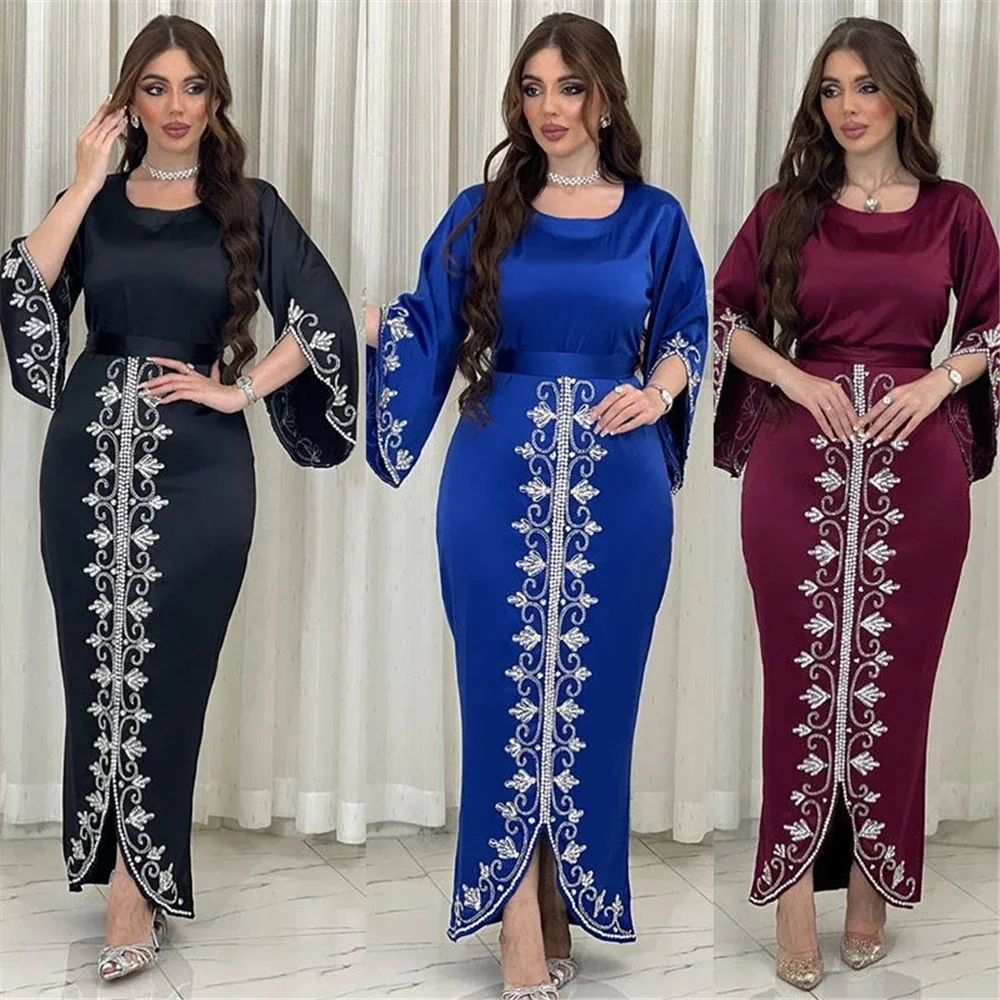 

Fashion Satin Diamonds Muslim Women Abayas Long Maxi Dress Eid Party Kaftan Dubai Arab Evening Moroccan Jalabiya Caftan Vestidos