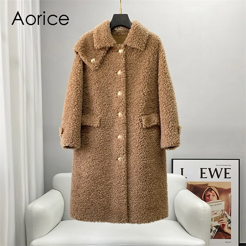 

Aorice Women Real Wool Fur Long Coat Jacket Trench Winter Warm Female Sheep Shearing Over Size Parka CT2129