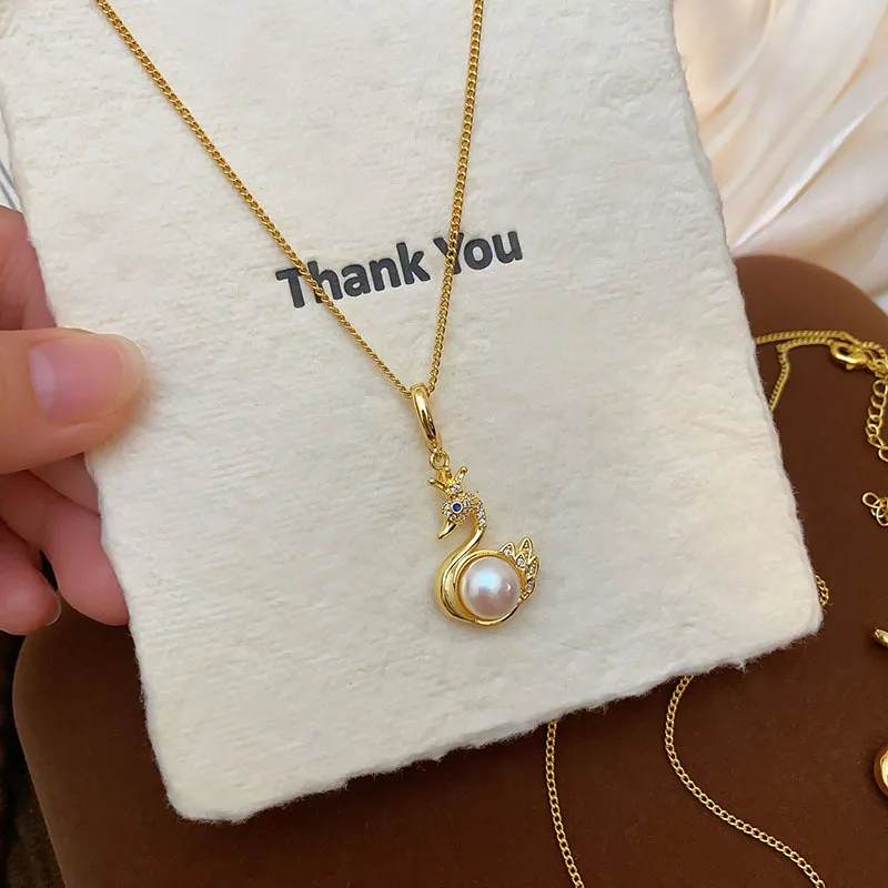 

Natural Freshwater Pearl Sweet Crown Swan Animal Style 14K Gold Filled Lady Pendant Necklace Jewelry Girlfriend Birthday Gifts