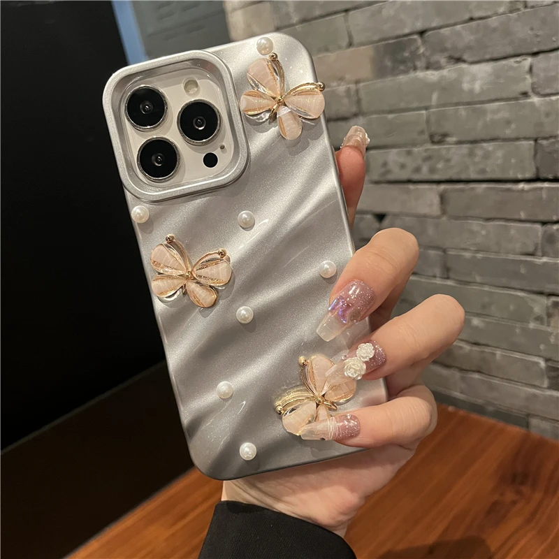 3D Crystal Butterfly Pearl Water Ripple Plating Case For iPhone 15 14 13 12 11 Pro Max X XS XR 7 8 Plus SE 3 Shockproof Cover