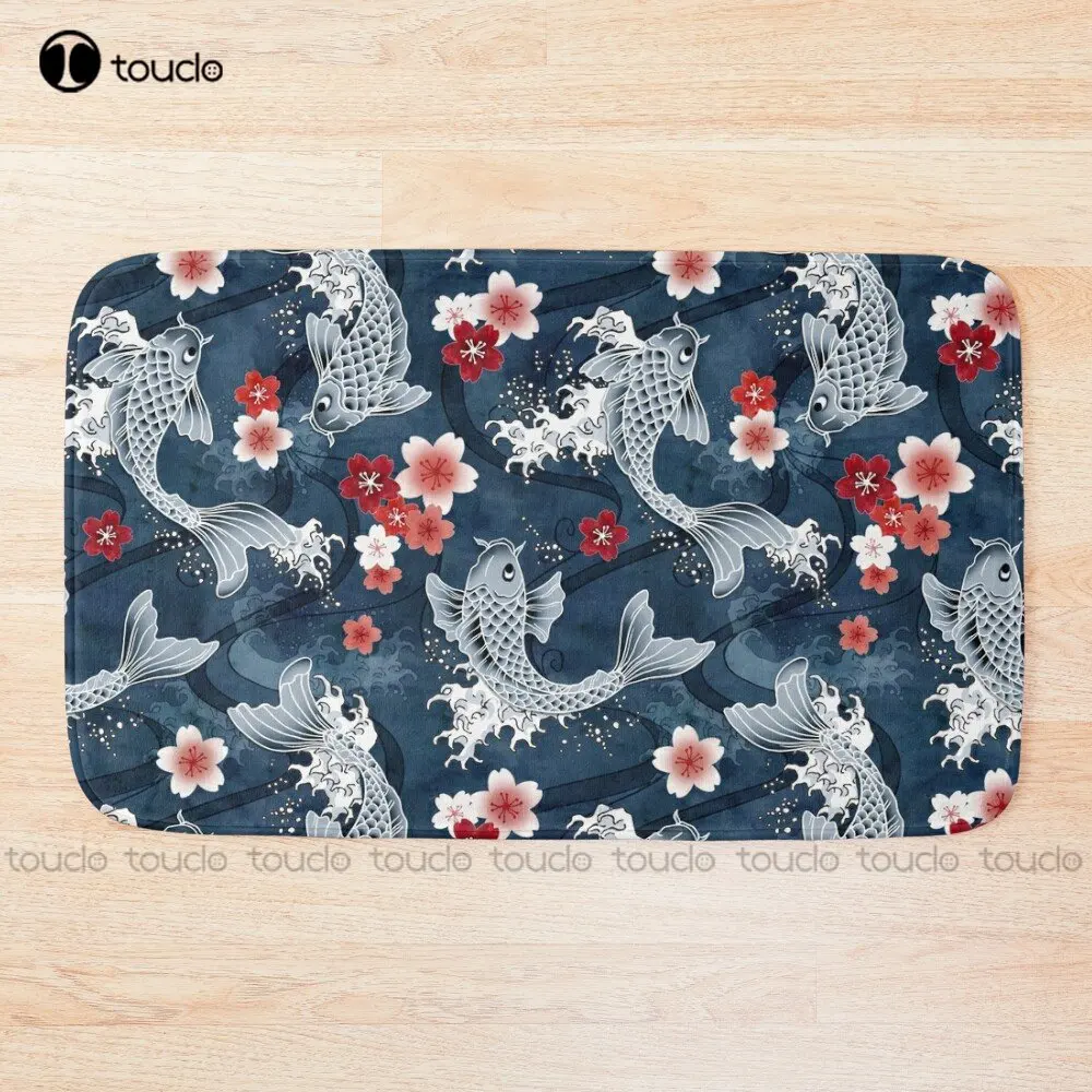 Koi Sakura Blossom In Blue Bath Mat Games Bathrug