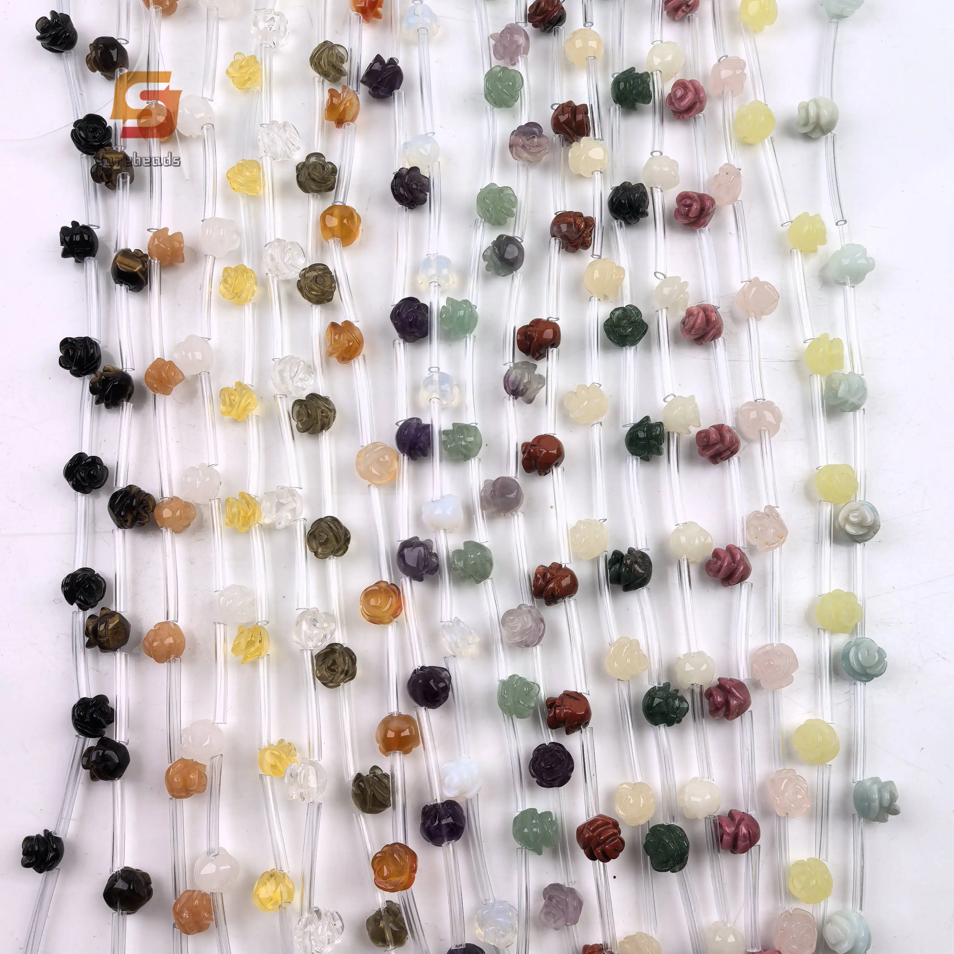 15pcs/str 8mm Carved Gemstone Flower Beads Bulk,Healing Quartz Amethyst Fluorite Rose Pendant Bracelet Necklace Jewelry Making