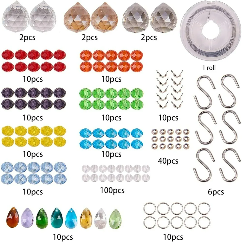 252Pcs DIY 6pack Rainbow Crystal Suncatcher Making Kit Chandelier Crystal Prisms Balls Pendant Hanging Ornament Jewelry Craft