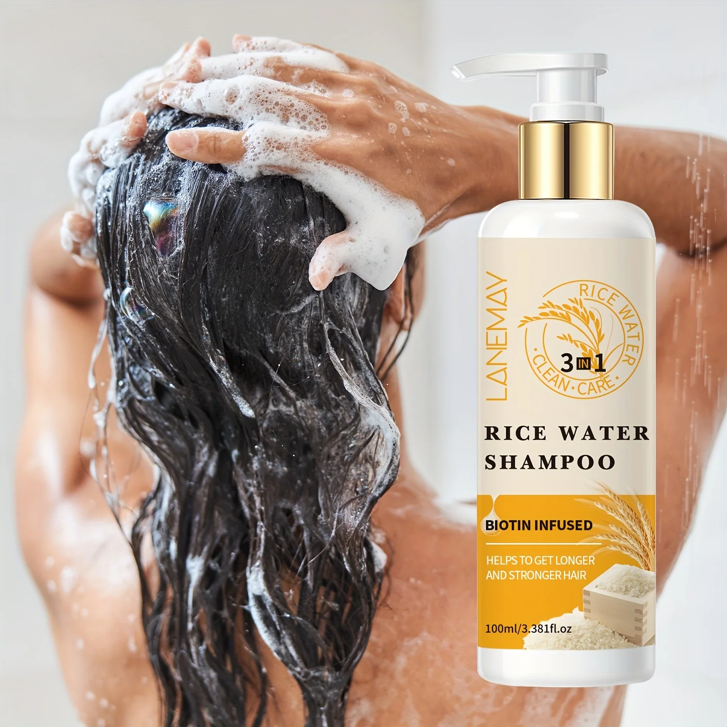 

3 in 1 Rice Water Shampoo - Strengthening and Moisturizing for Damaged Hair - Clean and Nourish the Scalp, Soothe Frizzy Hair