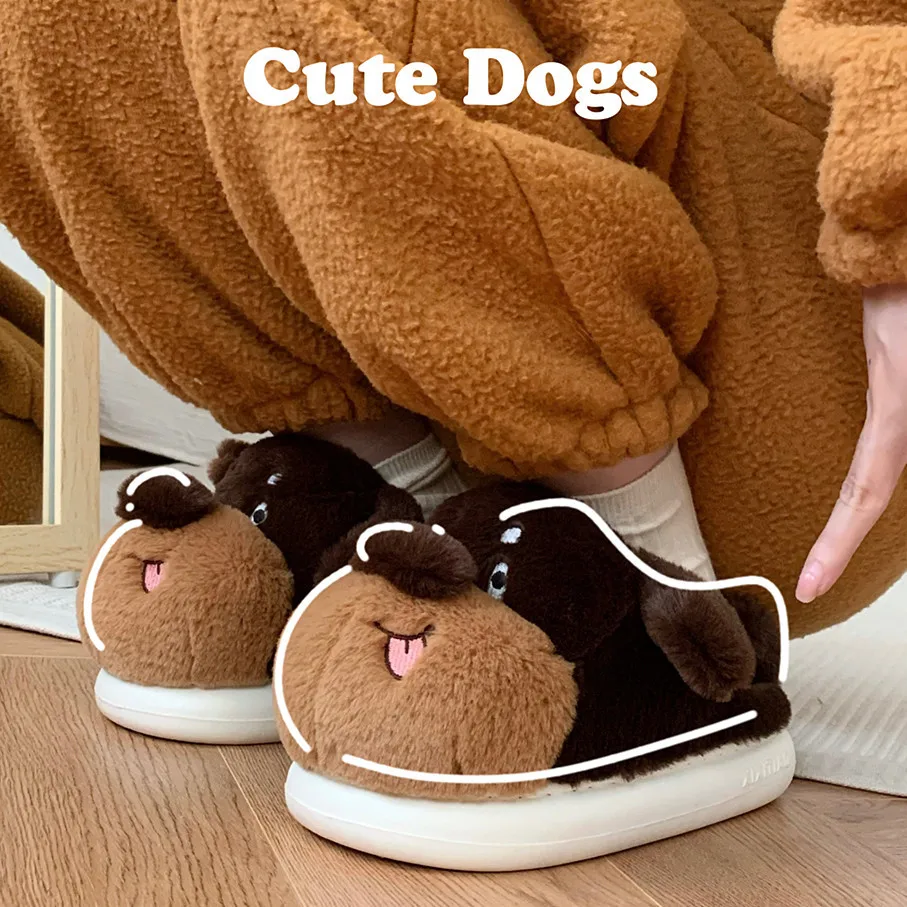 Cartoon Dog Slipper for Women Winter Indoor Couple Warm Faux Fur Shoes Flip Flops Cute Animals Plush Platform MenHome Slippers
