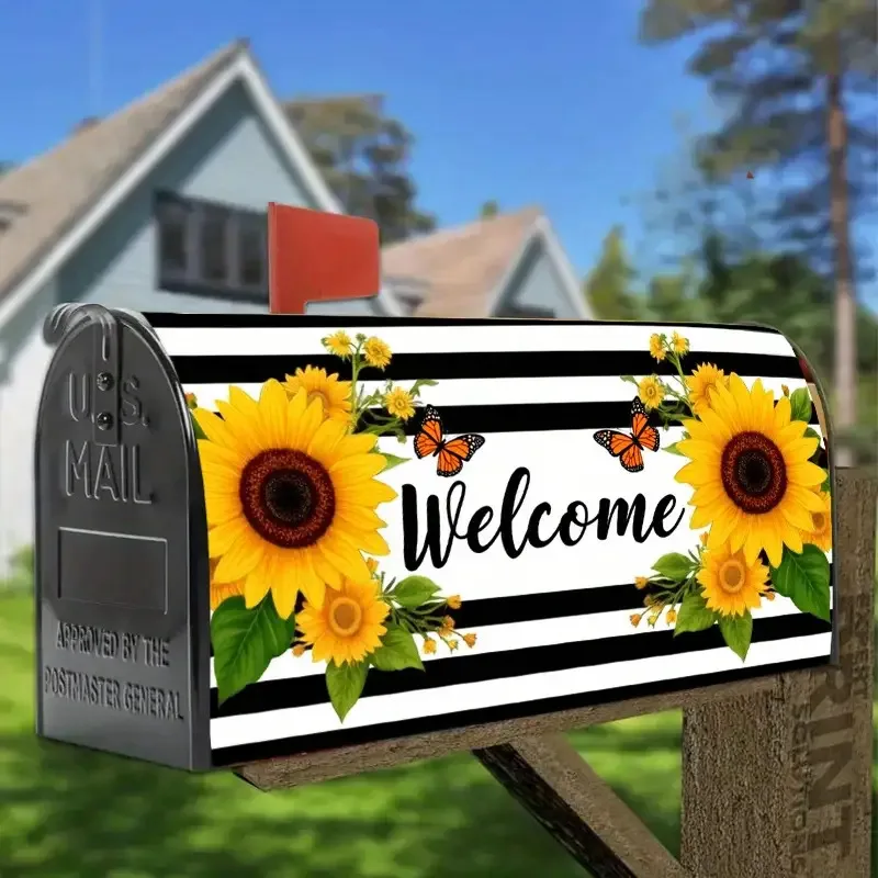 1pc Black and white striped sunflower mailbox cover with 