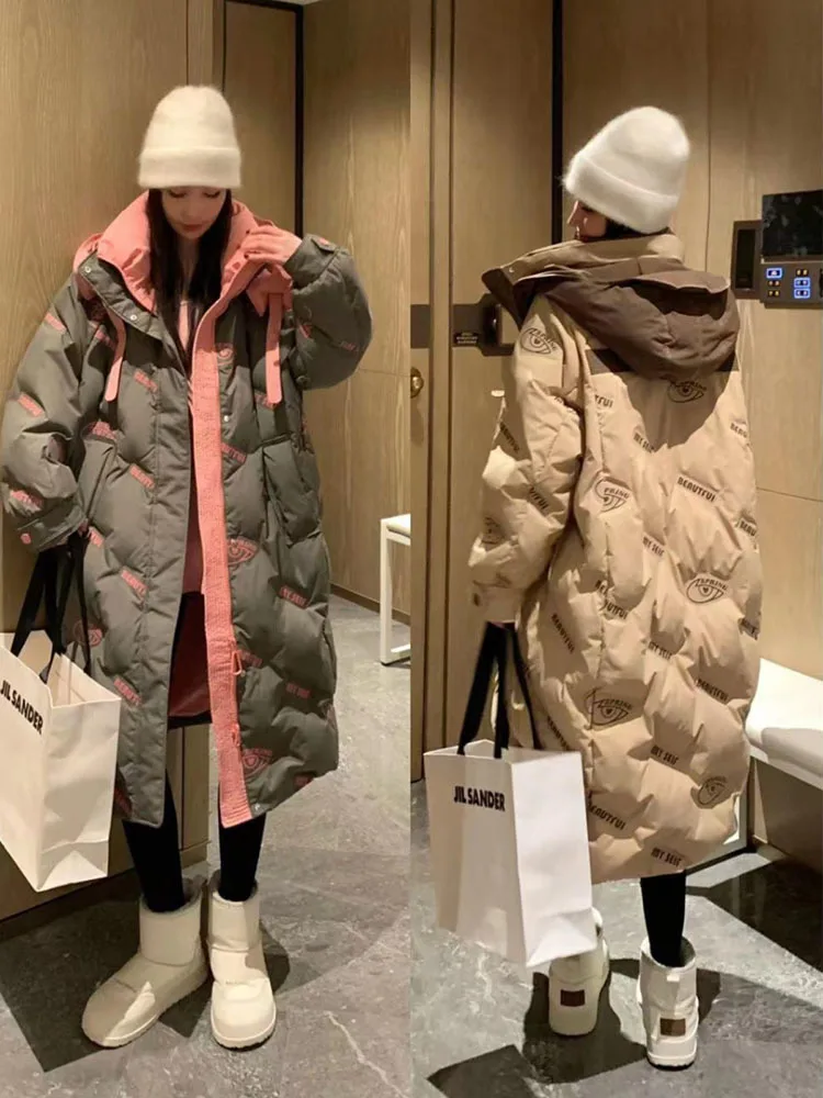 Women Letter Print Down Jacket 2024 Winter New Korean Stand collar 90% White duck down Coats Female Thick Long Casual Overcoat