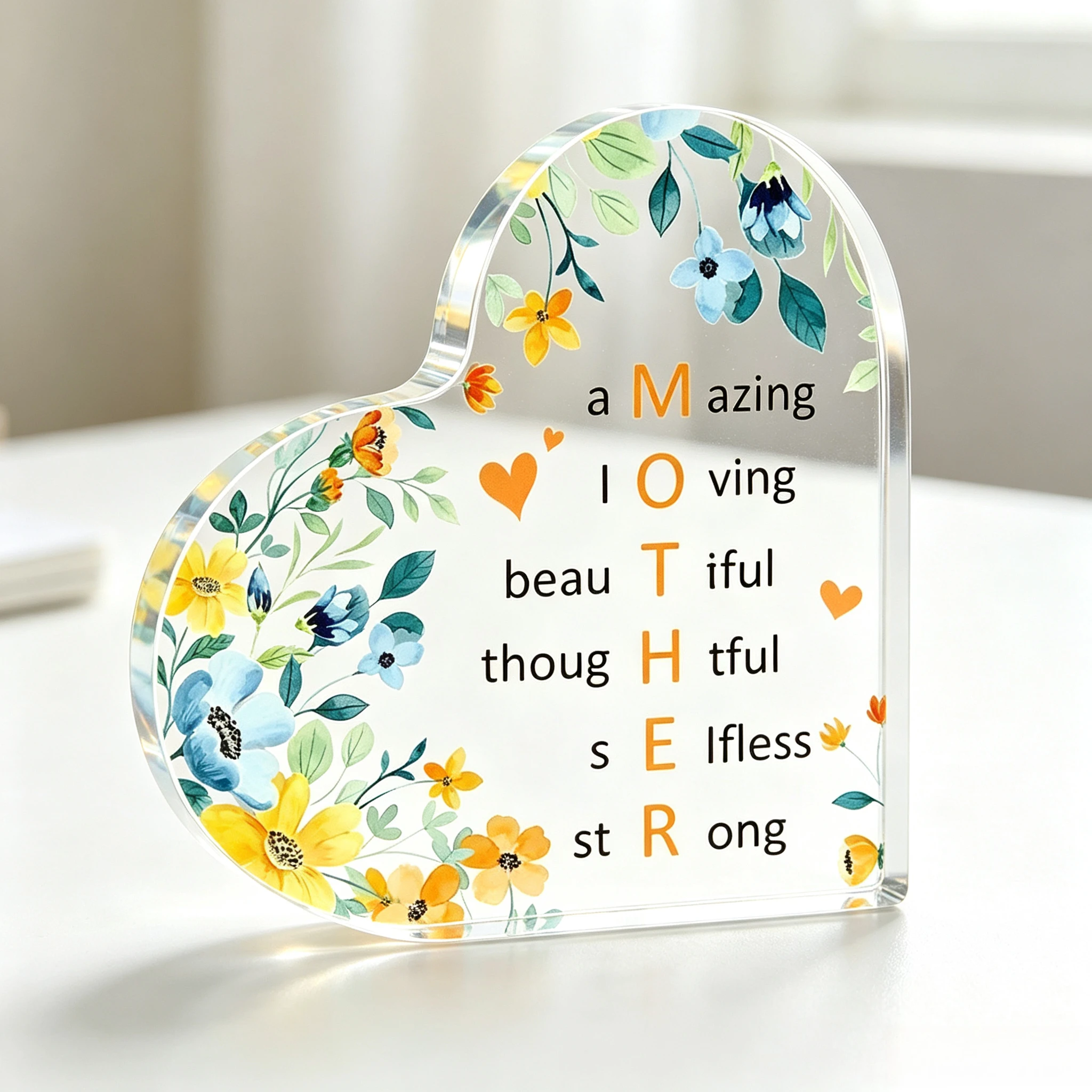 Mother Acronym Heart‑Shaped Acrylic Tabletop Plaque, Watercolor Floral Mom Appreciation Desk Decor