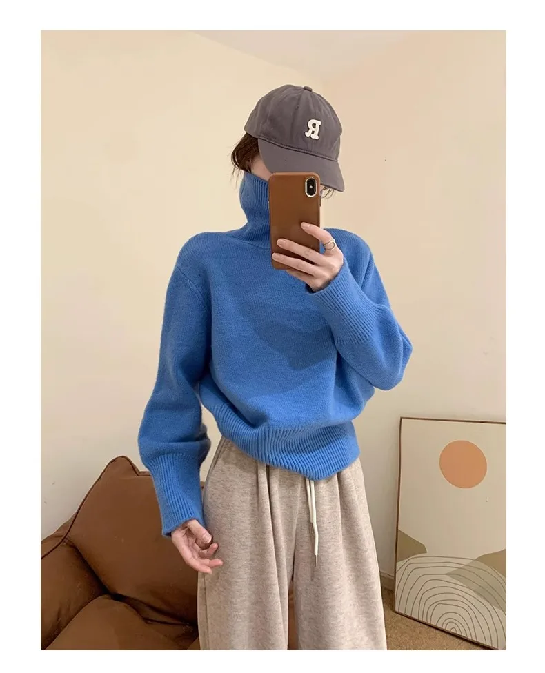 

Women's Turtle Neck Cashmere Sweater, Padded Bottoming Sweater, Loose, Lazy, Blue, Short, Joker, Winter, New