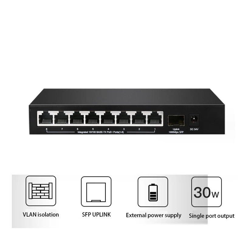 محول تقسيم الإنترنت جيجابت التبديل ، بو إيثرنت محول الشبكة الذكية ، 100Mbps ، 8-Port بالإضافة إلى الإرسال ، 1-Port SFP