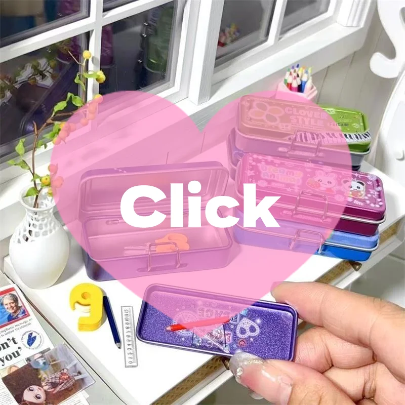 Dollhouse Miniature Double Layer Iron Pencil Box Pen Ruler Measuring Tape Scissors Model Micro Landscape Decor Pretend Play Toy