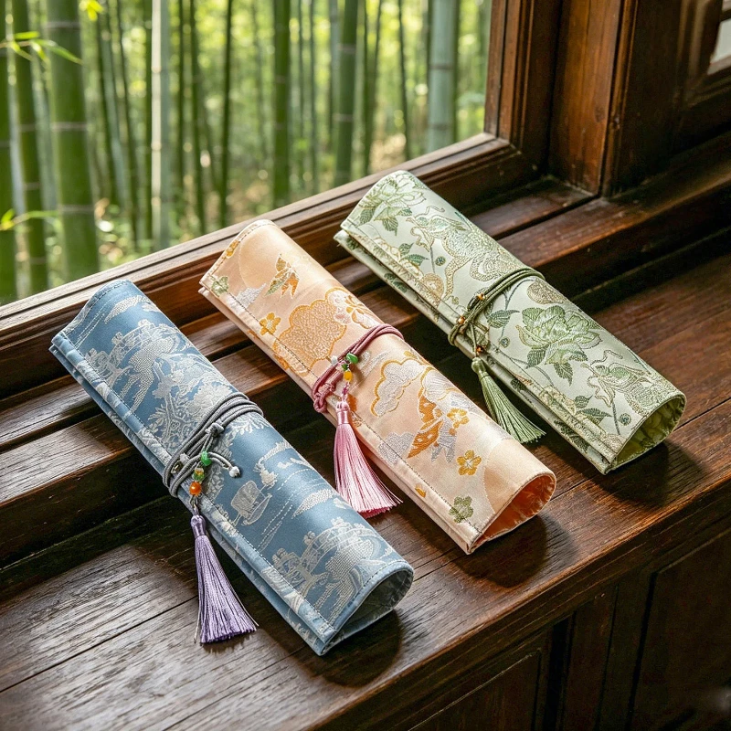 Picture 7: Bamboo Brocade Satin Retro Ventilated Calligraphy Brush Roll Curtain Large Capacity Chinese Painting Ink Brush Storage Organizer