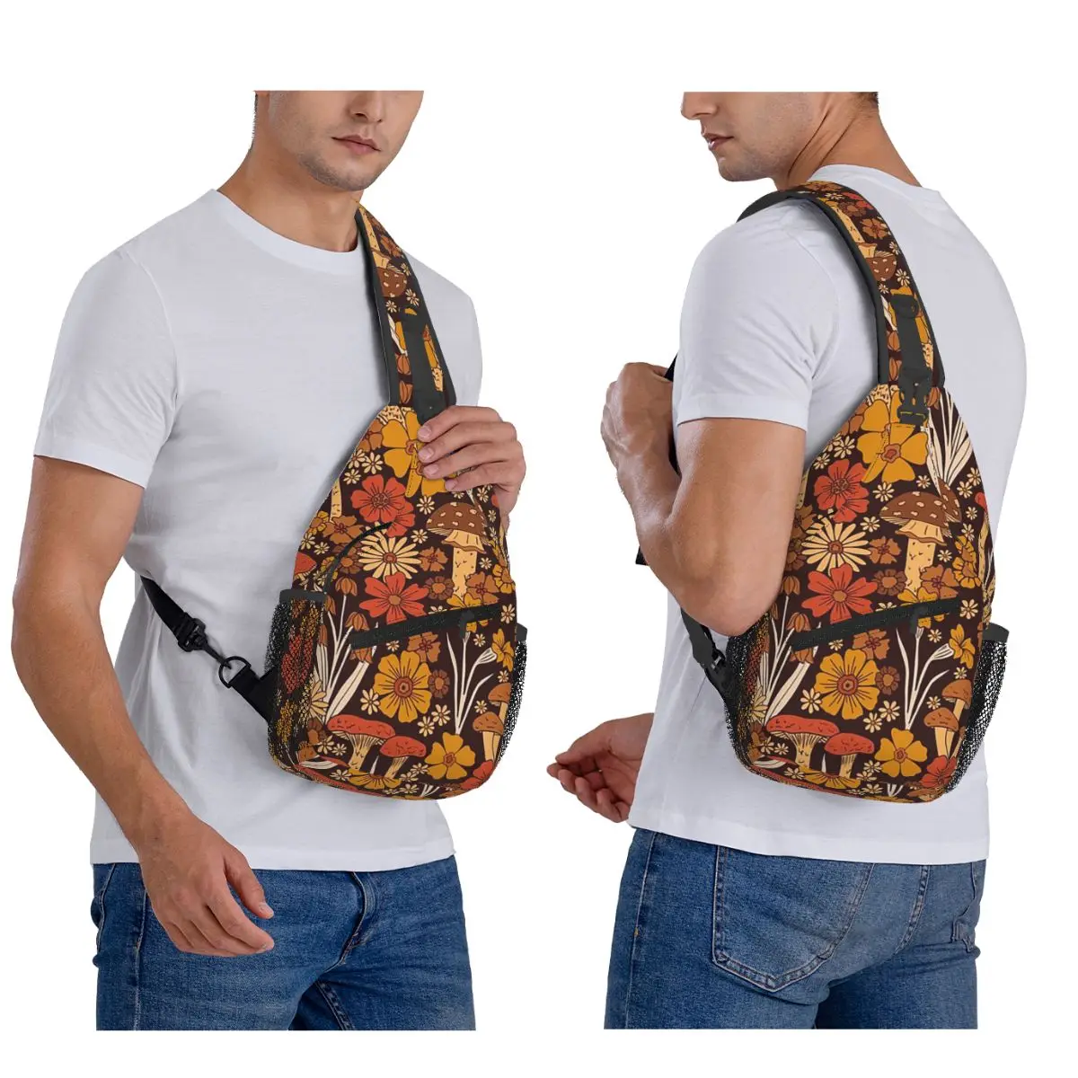 

Retro 1970s Brown And Orange Mushrooms And Flowers Chest Bag Men Sling Crossbody Backpack Chest Bag Hiking Daypack Shoulder Bag