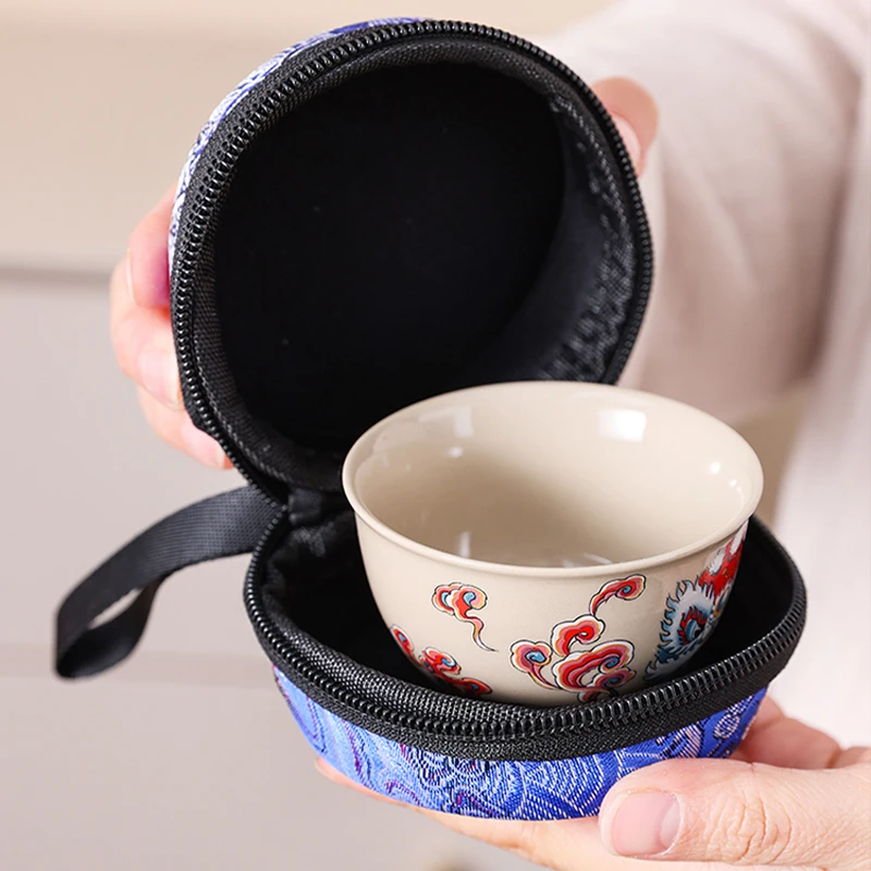 

Chinese Style Embroidery Brocade Small Teacup Bag Vintage Master Tea Cup Pouch Portable Travel Tea Ceremony Accessories