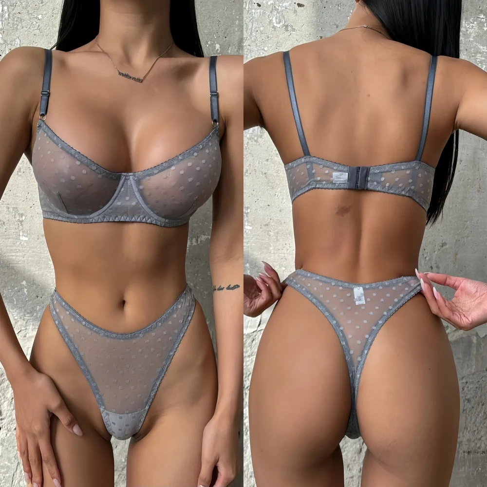

Сексуальное нижнее белье в горошек, комплект из 2 предметов, ультратонкие сетчатые прозрачные бюстгальтеры и стринги, комплект нижнего белья, необычный эротический интимный комплект только для фанатов