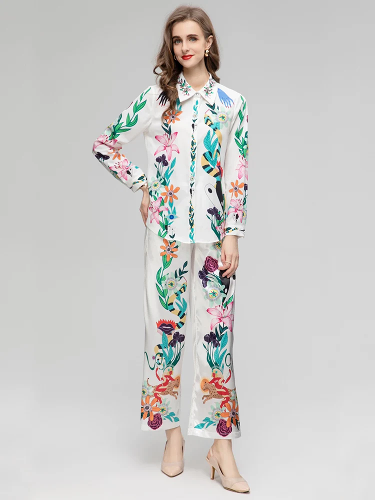 

Spring Autumn Women Two Piece Pants Rhinestone Beading Lapel Collar Cartoon Flower Printing Set Suit