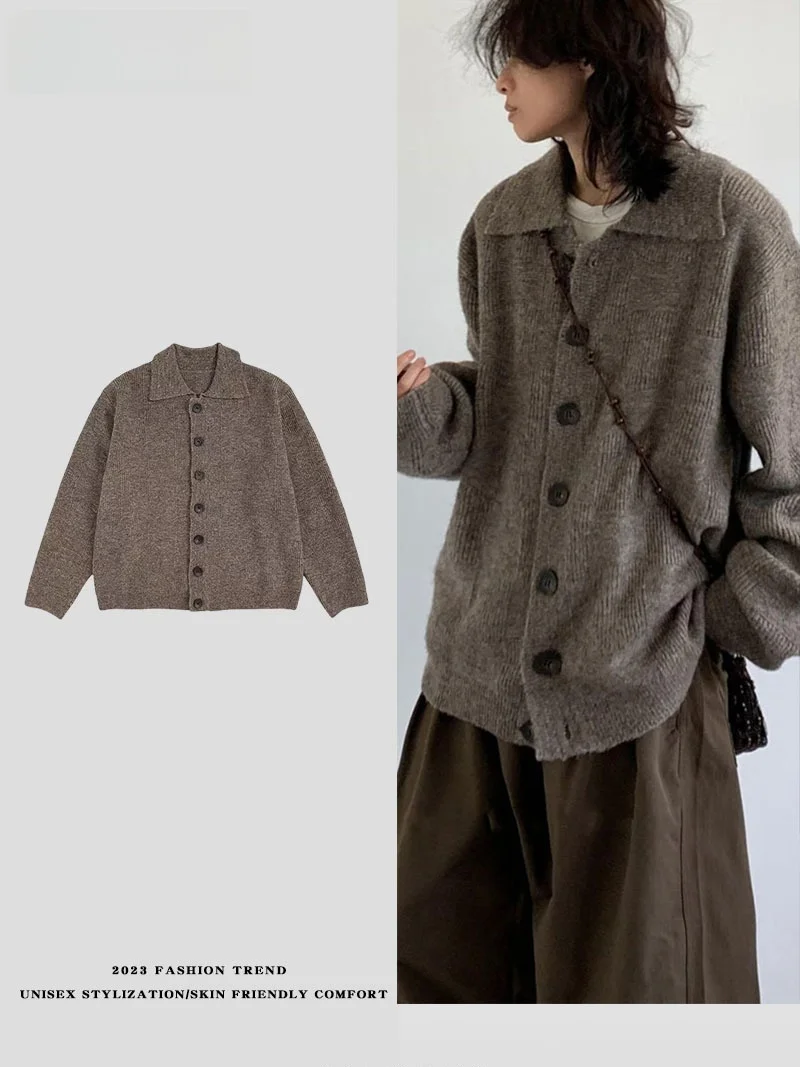 

LPLN American Retro Men's Knitted Cardigan Heavyweight Mixed Fiber Casual f High Collar 640g Trendy Open-irt Outerwear