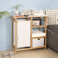 Bamboo Fabric Multi-Functional Laundry Basket Tidy Storage Shelf for Bedroom Living Room Bathroom Organizing Solution