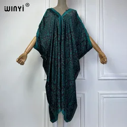 WINYI Summer african V-neck dress Printed beach wear women 2024 Loose Femme Robe Muslim beach cover ups silk feel evening dress