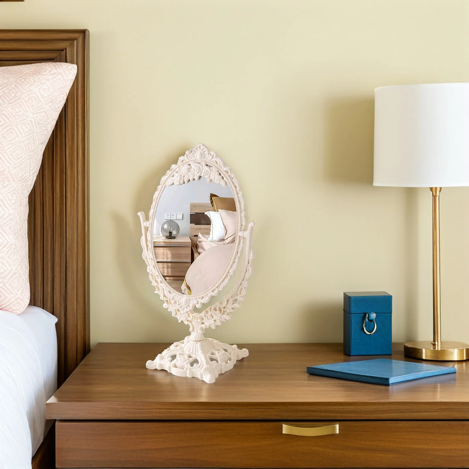 กระจกแต่งหน้าสไตล์ยุโรปย้อนยุค แบบตั้งโต๊ะ ดีไซน์หรูหรา ปรับหมุนได้ กระจกความละเอียดสูง สำหรับห้องนอน