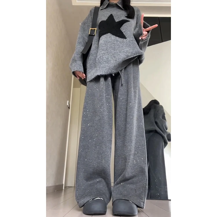 드레이프 와이드 레그 팬츠 여성용 하이웨이스트 니트 소프트 캐주얼 여름 2025 신상 레이지 슬림 폴리에스터 섬유 롱 팬츠