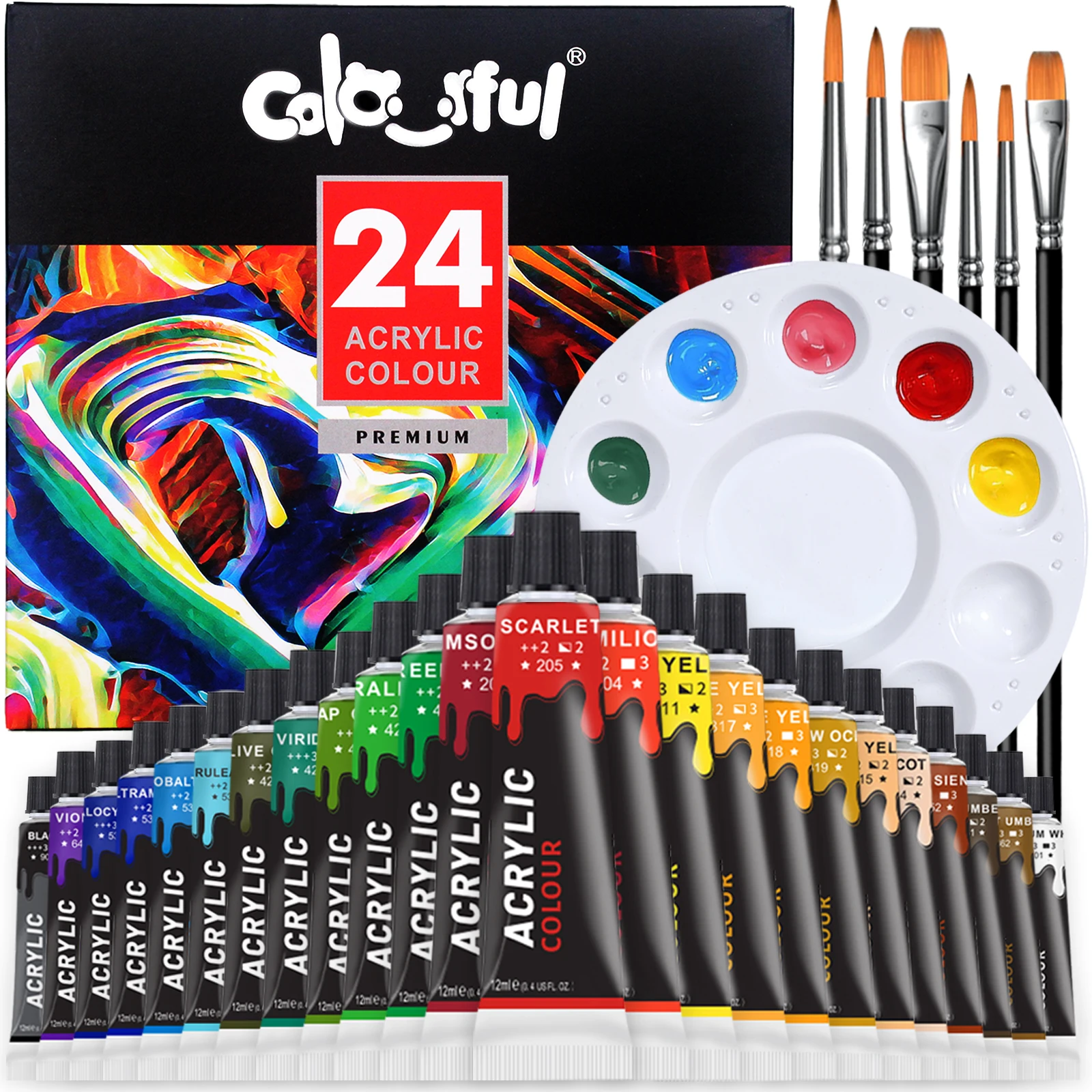 Acrylic Paint Set 24 Colors  with 6 brushes ,1 palette , Paint for Fabric, Clothing, Painting, Rich Pigments for Artists pigment