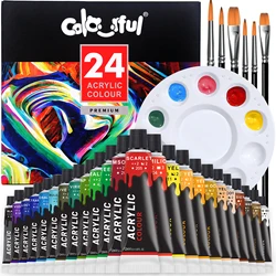 Acrylverf Set 24 Kleuren Met 6 Penselen, 1 Palet, Verf Voor Stof, Kleding, Schilderen, Rijke Pigmenten Voor Kunstenaars Pigment