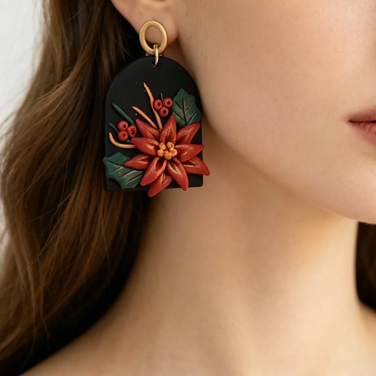 Vintage French Style Flower Polymer Clay Earrings Autumn Checkered Pattern Arch Dangle Boho Pumpkin Aesthetic Jewelry Handmade