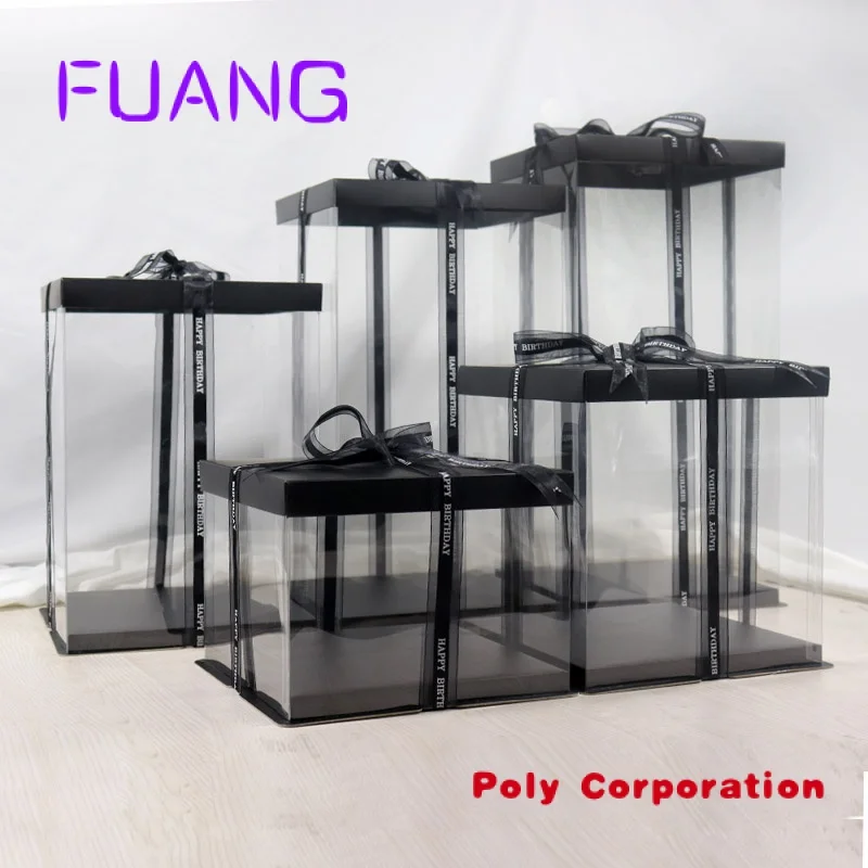 Custom  6 8 10 12 Inch Square Black High Wedding Transparent Acetate Plastic Tall Clear Cake Box Packaging With Lid Handle 10 x 