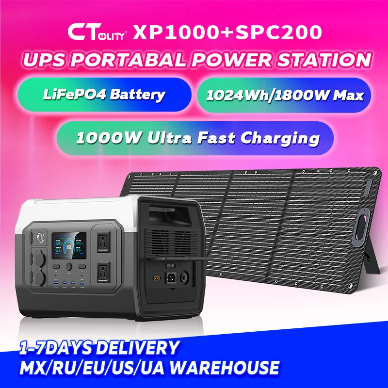 

CTOLITY Factory XP1000 Солнечный генератор 1600 Вт Солнечная панель 200 Вт 1024 Втч Портативная электростанция LiFePO4 Батарея Открытый автофургон с автономной сеткой