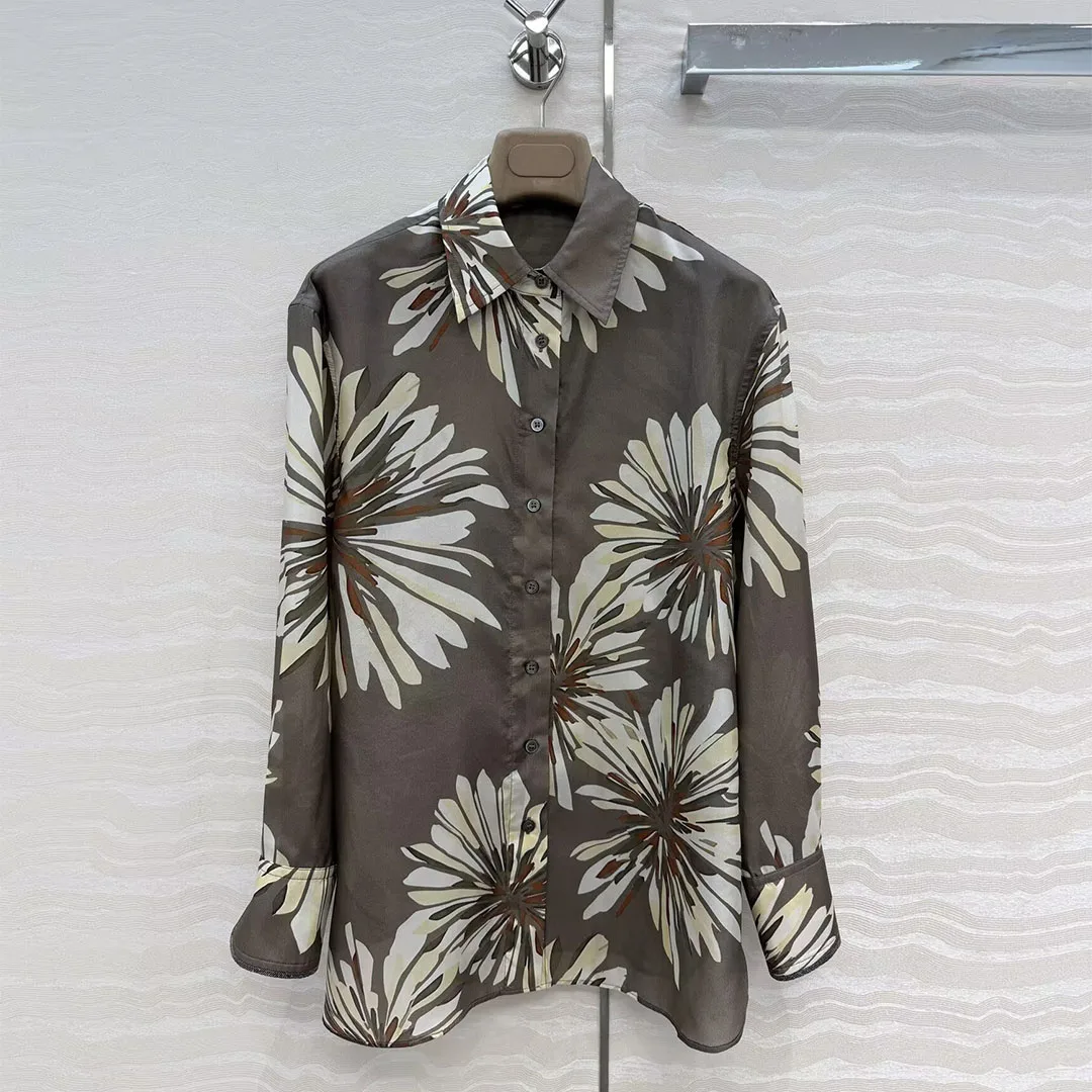 French Elegant 100% Silk Shirt Women Vintage Beach Style Floral Print Pattern Lapel Long Sleeve Loose Casual Chic Blouse