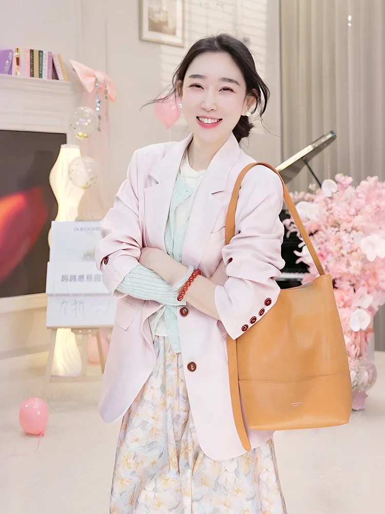 

OUDOCKEE Pink Casual Suit Jacket Women's High-End Spring New Early Spring Long Sleeve Shirt Commute Style Polyester Fiber