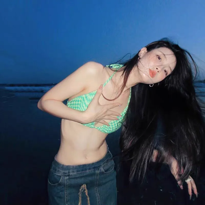 

Женский новый пляжный комплект бикини 2025 года в клетку, сексуальный, для небольшой груди, с топом-бюстгальтером, из нейлона, с чашечками, без косточек