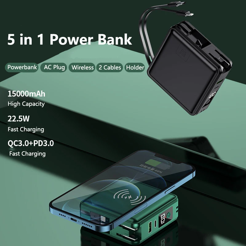 5 in 1 Wireless Power Bank 15000mAh With Cable AC Plug Wall Charger 22.5W Fast Charging for iPhone 16 Xiaomi Samsung Powerbank