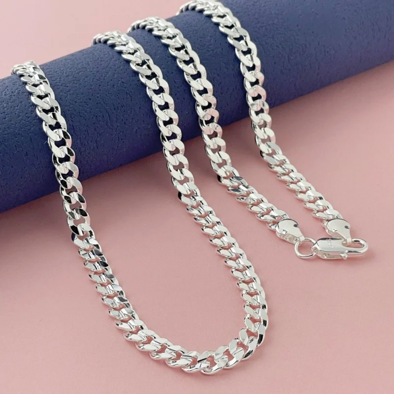 

Hot Sale Luxury 925 Sterling Silver Men'S Punk Style 7mm Side Concave Carved Flower Necklace Fine Jewelry Gift