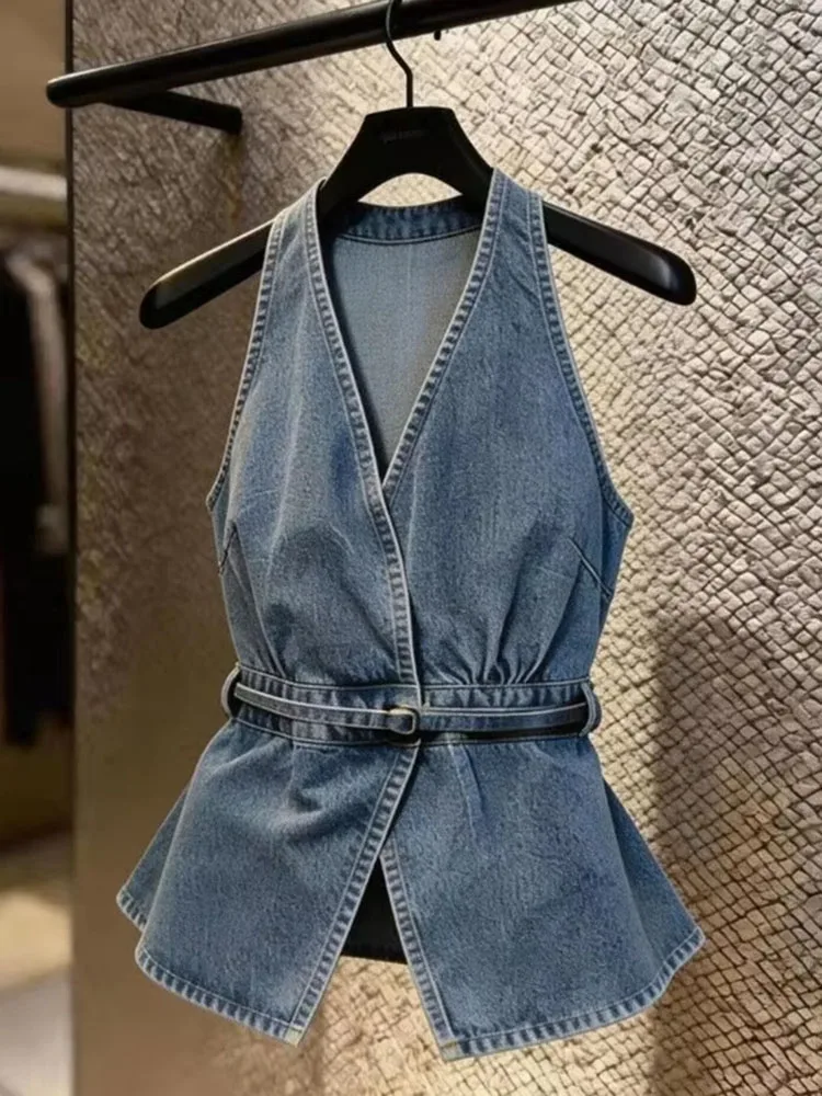 Korea Chic Denim Slim Lace Up Vests Age Reduction Sleeveless Simple Office Lady Coats New Beautiful Streetwear Veste Tops