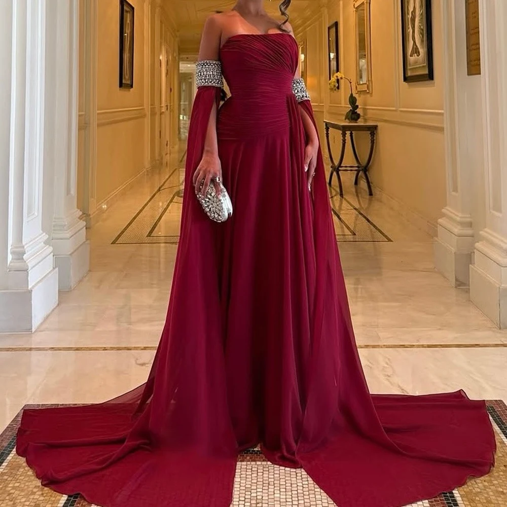 

Customized A-line Evening Dresses Floor-length Strapless Sleeveless Prom Gown Fashion Crystal Pleat Simple Draped Party Gown