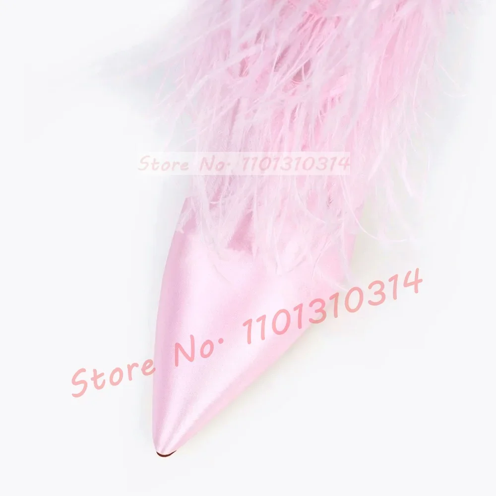 Pink Satin Fluffy Knee High Boots Women Sweet Pointy Toe Feather Elegant Shoes Ladies Stiletto High Heels Showy Slim Long Boots