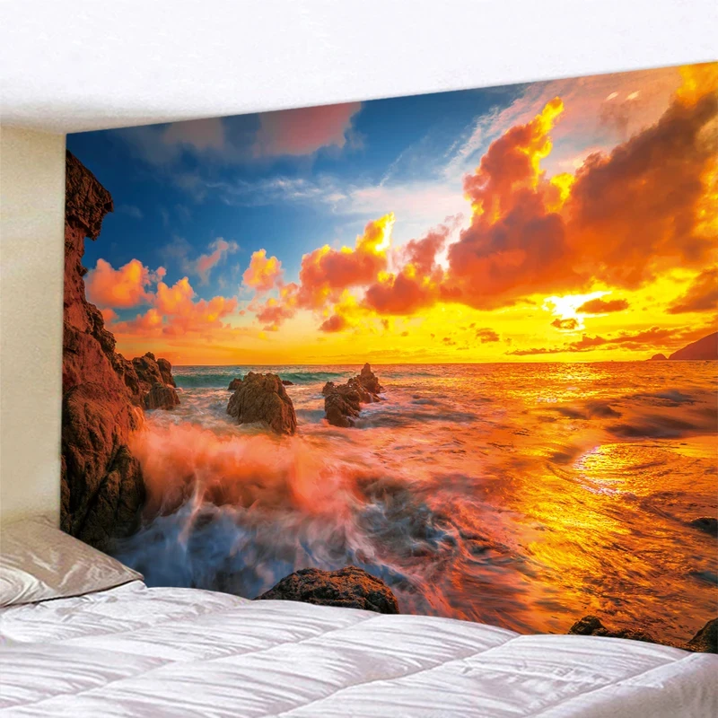 Sunset Seaside Tapestry Palm Frond Glowing Ocean Golden Beach Rock Nature Wall Cloth For Dorm Wall Decor
