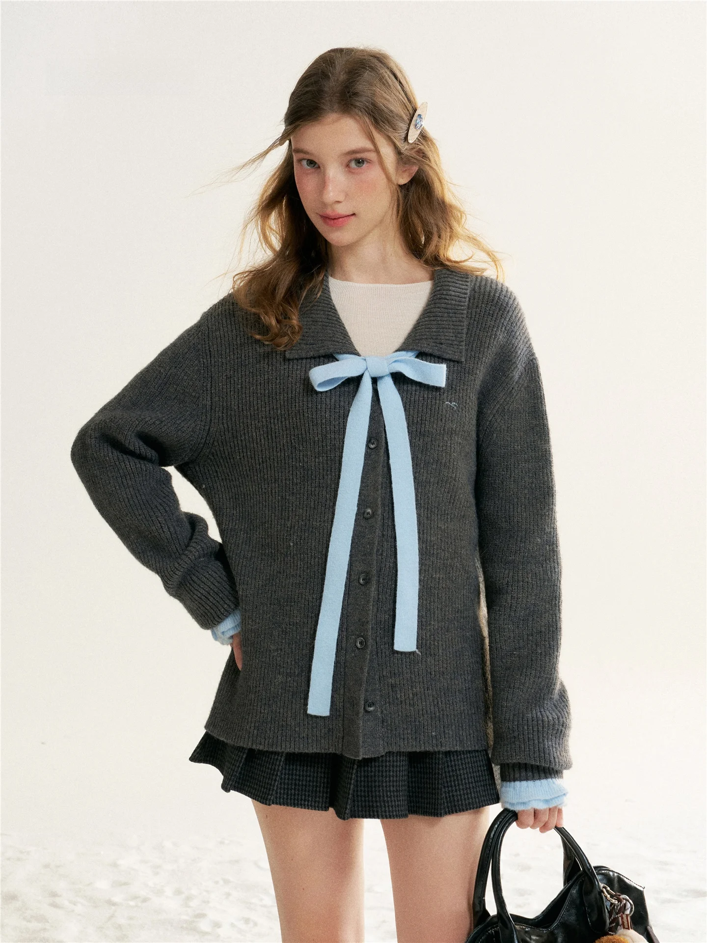 

16DEWS Lace Cuff Color Block Collar Bowtie Knitted Open Cardigan Long Sleeve Women's Winter Fashion Casual Knitwear