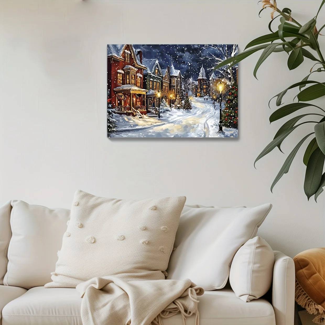 Christmas Eve Scene Canvas Painting Wooden Frame Snowy Streets Victorian Style Neighbourhood Decoration Holiday Wall Decoration