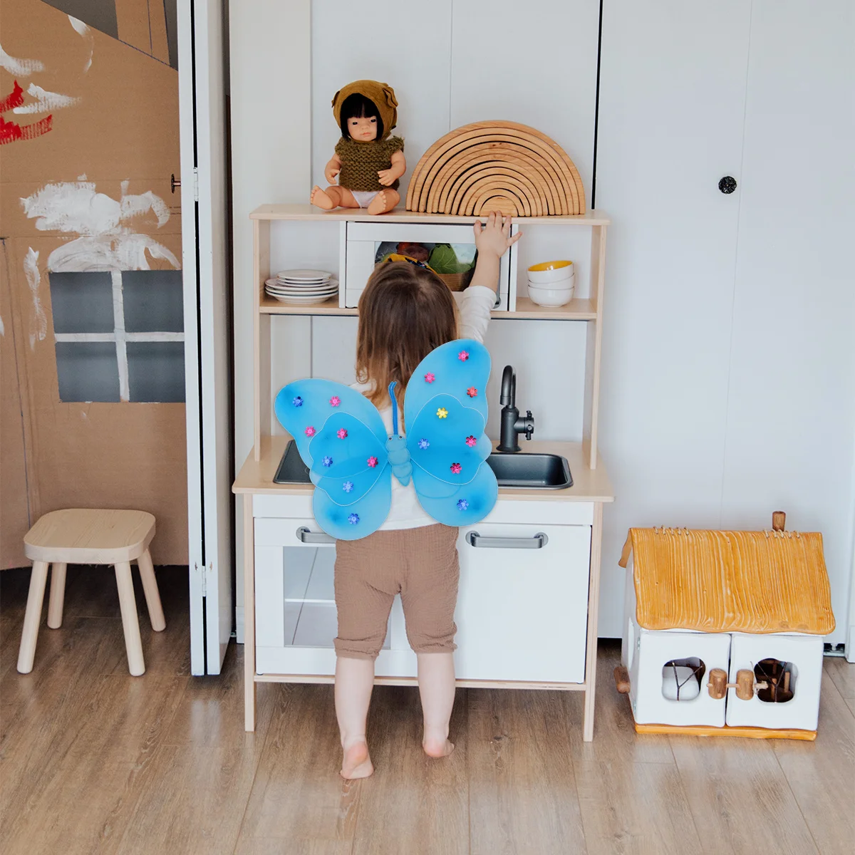 3-delige dubbellaagse vlindervleugels set hoofdband toverstaf kinderen fee aankleden verjaardag cosplay fee vleugels voor meisjes